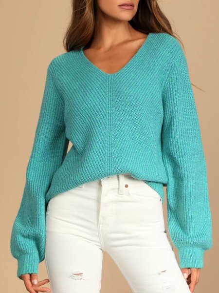 

Casual Daily V Neck Knit Sweater, As picture, Pullovers