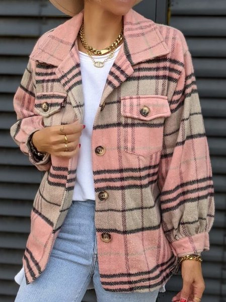 

Woolen Checked/Plaid Vintage Casual Outerwear, Pink, Coats