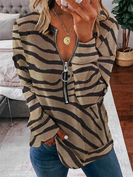 

Vintage Zebra Stampato Maniche Lunghe Cerniera Scollo a V taglia grande Casuale Felpe, Cachi, Hoodies & Sweatshirts