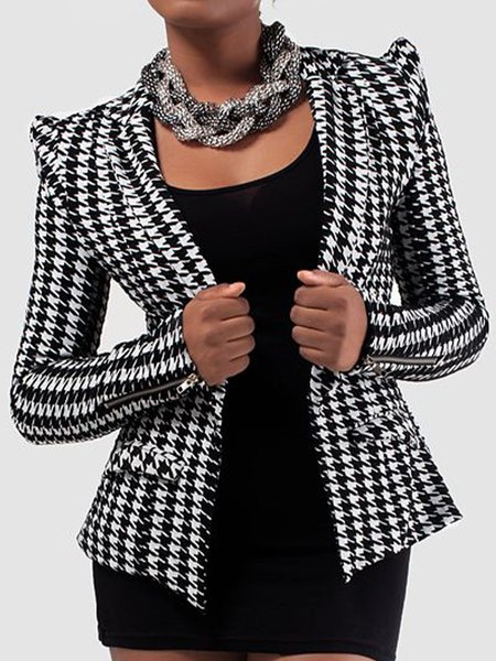 

Elegant Long Sleeve Houndstooth Outerwear, Black, Blazers