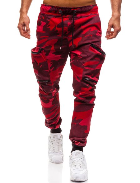 

New camouflage multi-pocket pants Men's tethered loose belt small-footed slacks, Red, Pants