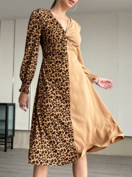 

Elegant Formal V neck Leopard Dress, As picture, Midi Dresses