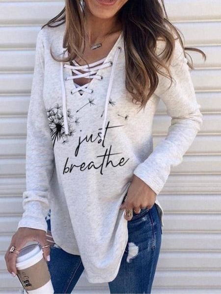 

Casual Long Sleeve V Neck Printed Top, Light gray, Tops