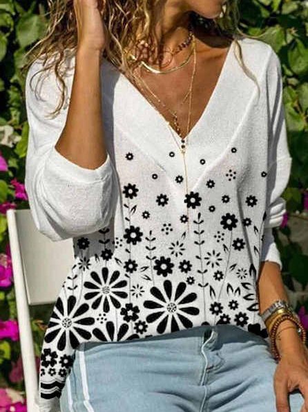

Flower Print V-neck Long-sleeved Casual Fashion T-shirt, White, Long sleeve tops