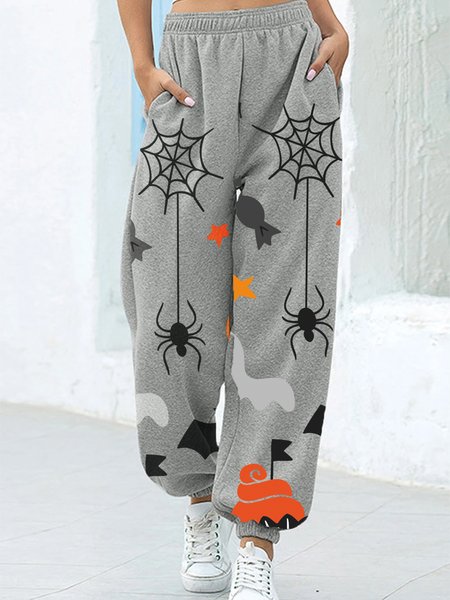 

Halloween Printed Pocket Loose Casual Pants, Gray, Pants