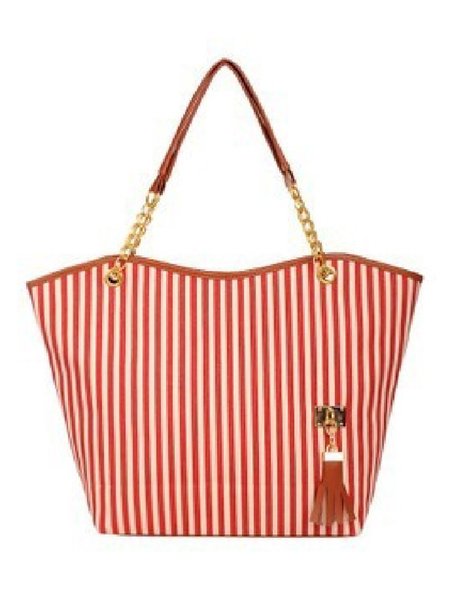 Casuale a Righe Frangiato Tela Totalizzatore Borsa, Rosso, bag