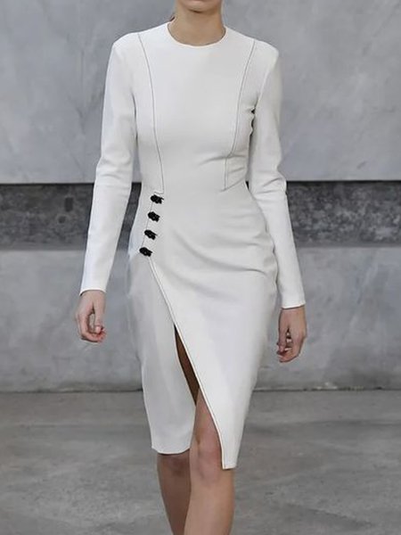 

Elegant Buttoned Crew Neck Work Dress, White, Midi Dresses