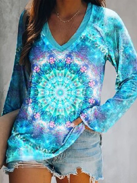 

Vintage Geometric Printed Long Sleeve V Neck Plus Size Casual Tops, Blue, T-Shirts