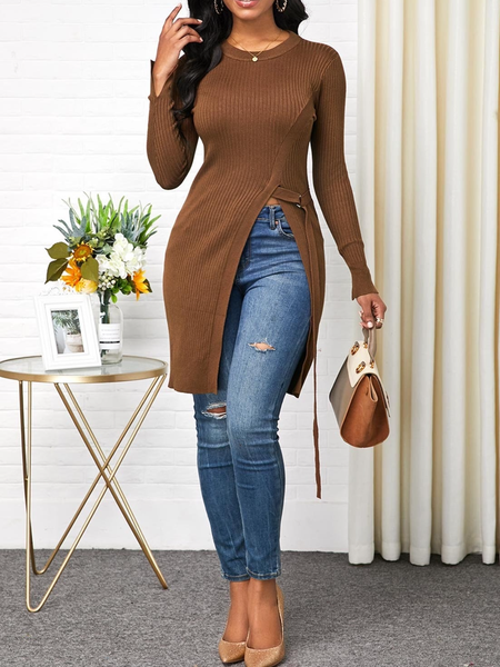 

Fall Lady Elegant Lady Asymmetric Date Daily Mid-weight Sweater, Brown, Pullovers