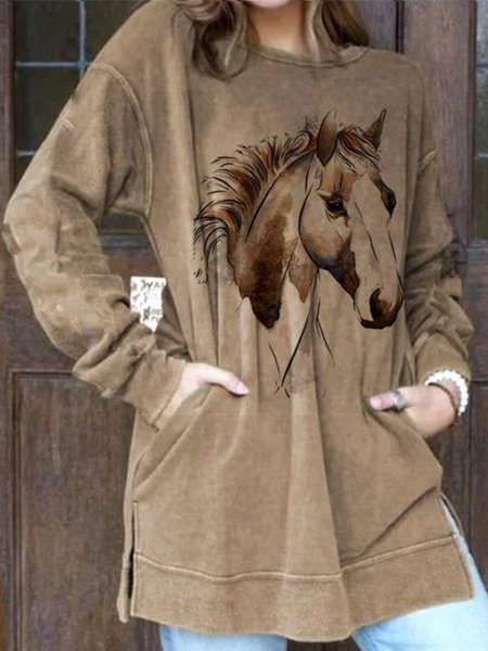 

Casual Long Sleeve Crew Neck Printed Sweatshirt, Khaki, Hoodies & Sweatshirts