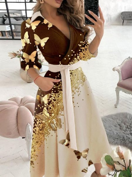 

Long Sleeve Swing Regular Lady Midi Dress, As picture, Midi Dresses