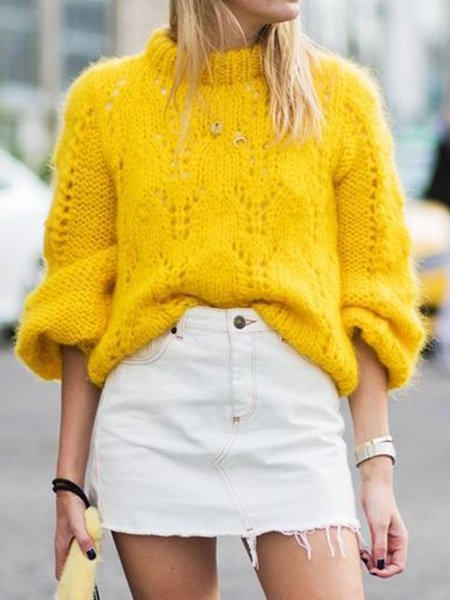 

Long Sleeve Crew Neck Solid Daily Sweater, Yellow, Pullovers