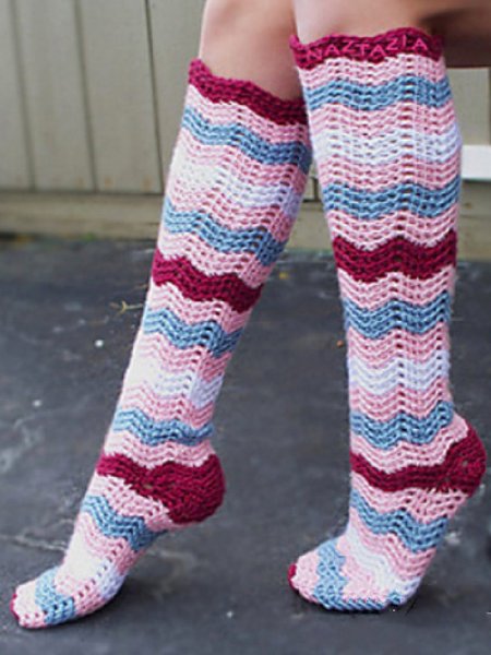 

Waves Pattern Knit Socks, As picture, Socks