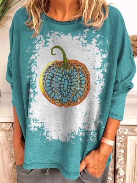 

Vintage Pumpkin Geometric Printed Crew Neck Long Sleeve Plus Size Casual Tops, Blue, T-Shirts