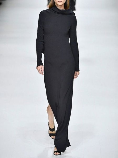 

Elegant Solid Long Sleeve Dresses, Black, Maxi Dresses