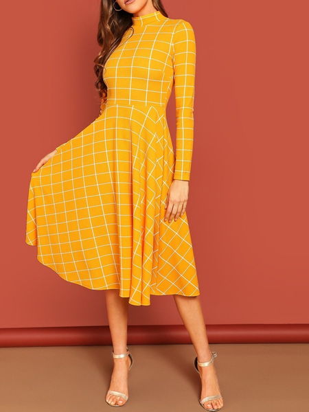 

Fall High Stretch Elegant Simple Lady Date Dresses, Yellow, Midi Dresses