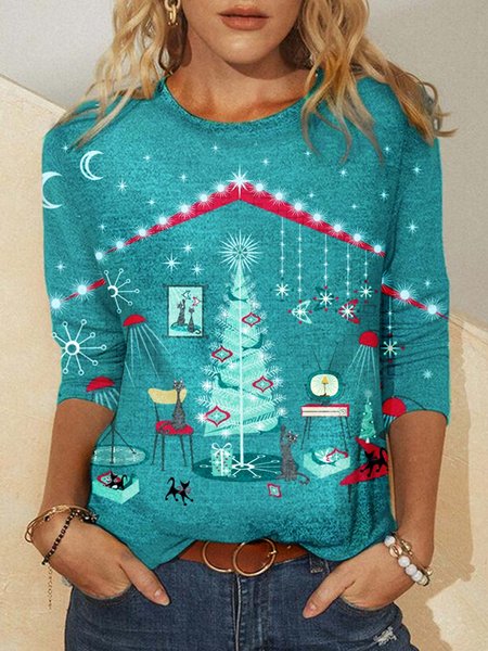 

Christmas Causal Retro Cat Shirts & Tops, As picture, Hoodies&Sweatshirts