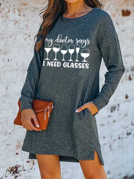 

Casual personality basic letter print dress, Deep gray, Mini Dresses