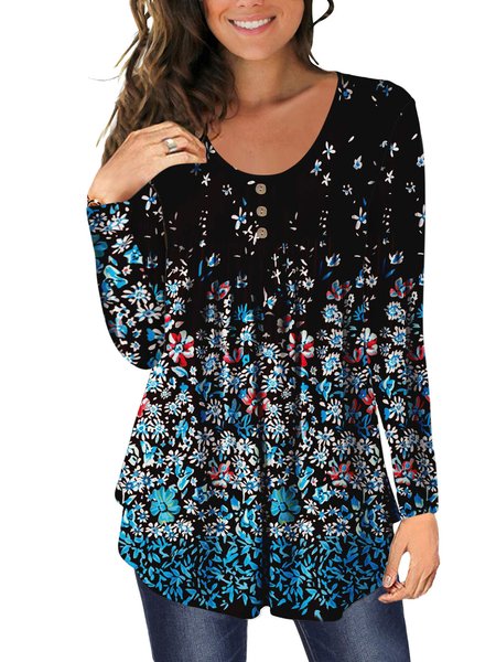 

A-Line Crew Neck Casual Long Sleeve Tops, Blue leaf&blue flower, Tops