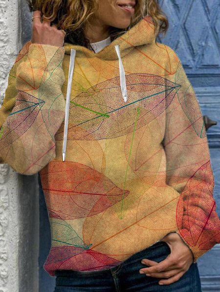 

Vintage Leaf Print Ladies Hooded Sweatshirt, As picture, Hoodies&Sweatshirts