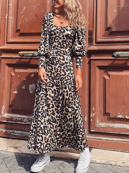 

Casuale Leopardo Maniche Lunghe Abito, Come immagine, Maxi Dresses