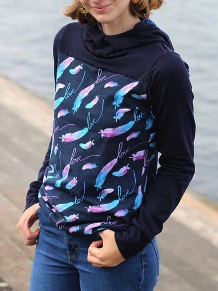 

Dark Blue Feather Printed Casual Vintage Hooded Sweatshirt, Hoodies & Sweatshirts