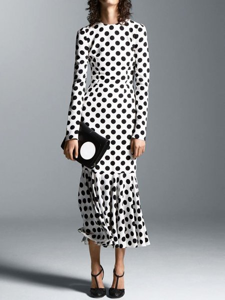 

Long Sleeve Crew Neck Lady Skinny Maxi Dress, Black-white, Midi Dresses
