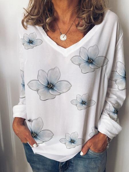 

Casual personality basic floral print long-sleeved T-shirt, White, T-Shirts