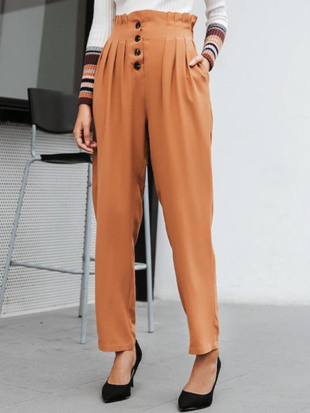 

Solid Elegant Work Elastic waist Pants, Brown, Straight Leg Pants