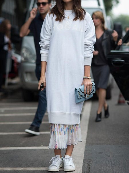 

Casual personality basic printed sweatshirt dress, White, Maxi Dresses