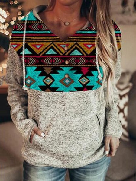 

Gray Geometric Printed Vintage Casual West Styles/Cows Hooded Sweatshirt, Hoodies & Sweatshirts
