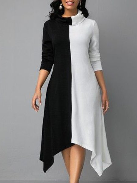 

Elegant Formal Color Block Dress, Black-white, Midi Dresses