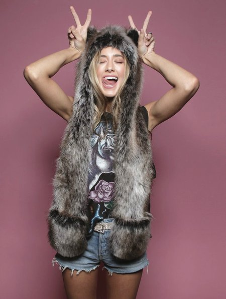 

Vintage Faux Fur Gray Wolf Hat Scarf Gloves, As picture, Women Scarves & Shawls