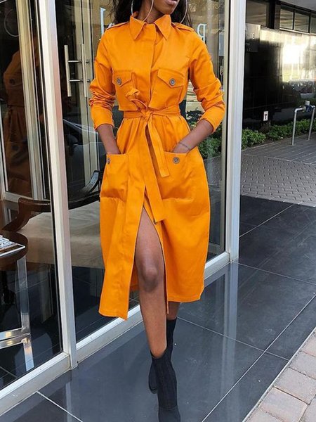 

Long Sleeve Plain Straight Midi Dress, Yellow, Midi Dresses