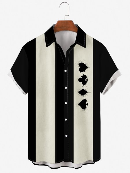 

Mens Poker Print Casual Lapel Short Sleeve Hawaiian Shirts, Black, Men's Floral shirt