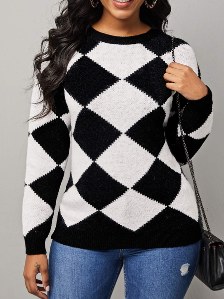 

Fall High Stretch Mid-weight Daily Casual Simple Sweater, Black-white, Pullovers