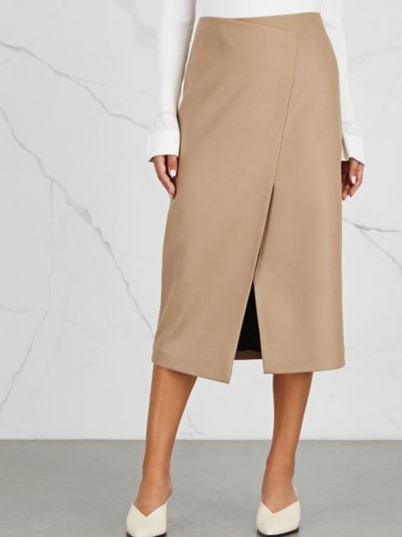 

Fall Mid-weight Non-Stretch Work Formal Skirt, Apricot, Midi Skirts