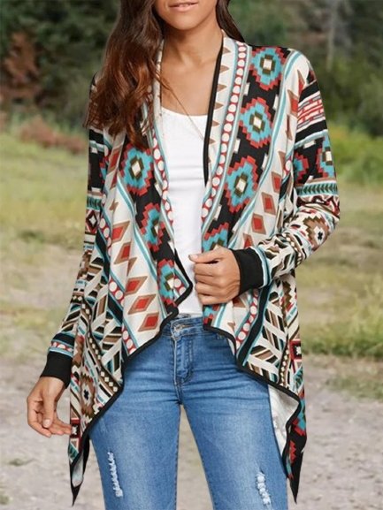 

Vintage Color-block Geometric Printed Long Sleeves Plus Size Casual Cardigan, Multicolor, Outerwear