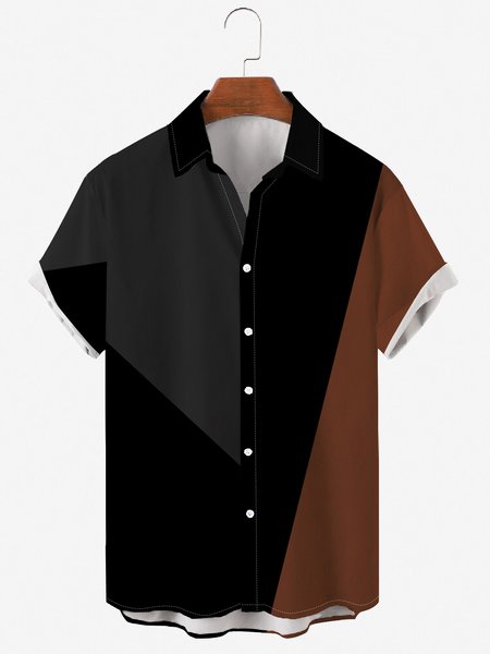 

Mens Patchwork Casual Lapel Short Sleeve Hawaiian Shirts, Black, Men's Floral shirt