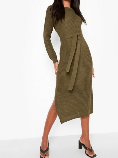 

Fall Elegant Simple Date Daily Mid-weight High Stretch Dress, Darkgreen, Sweater Dresses