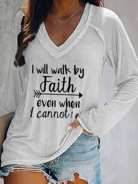 

Casual Long Sleeve V Neck Printed Top, White, T-Shirts