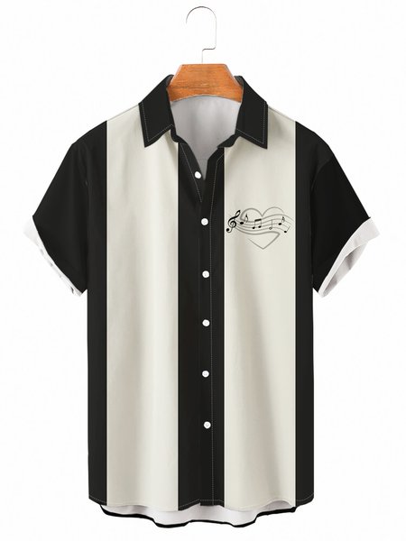

Mens Retro Music Print Casual Lapel Short Sleeve Hawaiian Shirts, Black, Men's Floral shirt