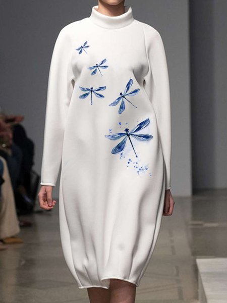 

Casual personality basic dragonfly print dress, White, Midi Dresses