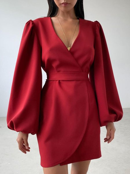 

Vintage Sweet Elegant Bishop Sleeve Dress, Red, Mini Dresses