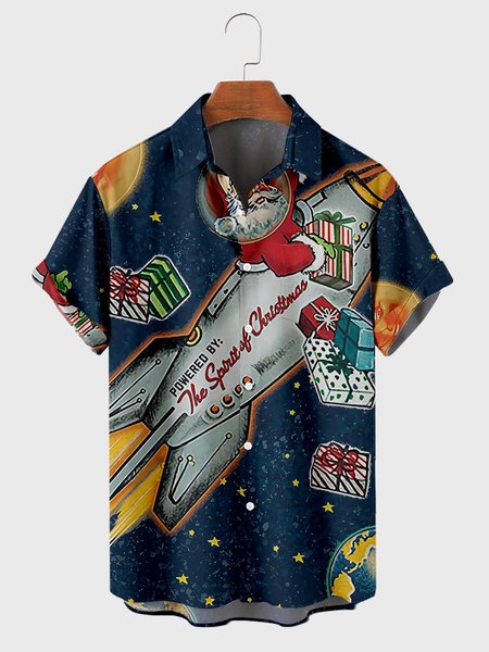 

Christmas Casual Short Sleeve Shirts & Tops, Navy blue, Men's Floral shirt