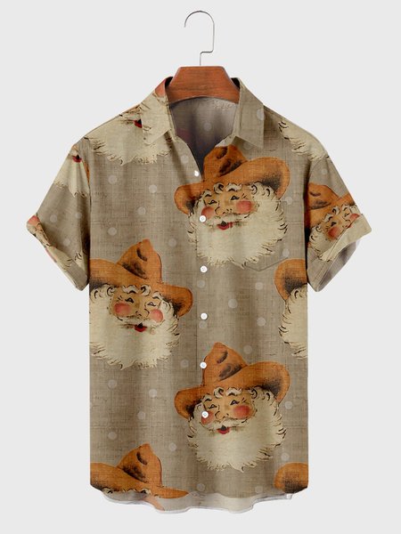 

Shirt Collar Christmas Short Sleeve Shirts & Tops, Khaki, Shirts ＆ Blouse