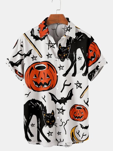 

Short Sleeve Shirt Collar Cat Shirts & Tops, White, Men's shirts