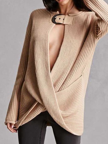 

Long Sleeve Loosen Solid Lady Sweater, Khaki, Pullovers