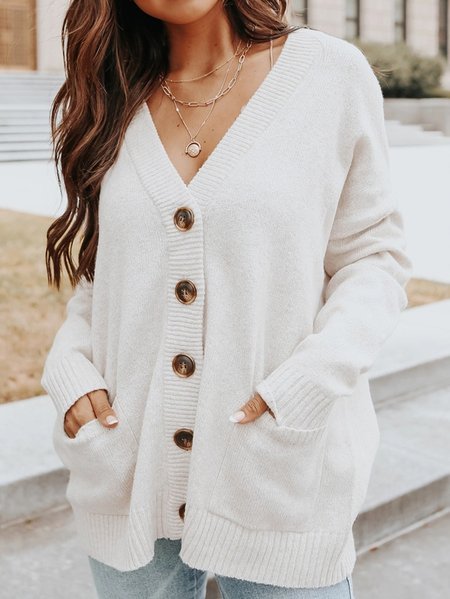 

Buttoned Casual Wool/Knitting Sweater, White, Cardigans