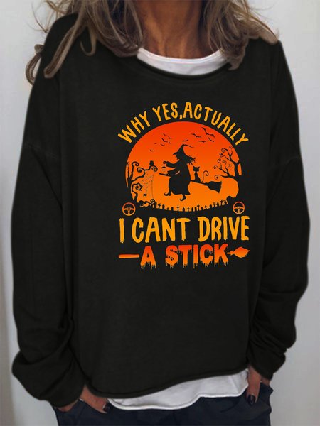 

Halloween witch print round neck long-sleeved cotton-blend sweatshirt, Black, Hoodies&Sweatshirts